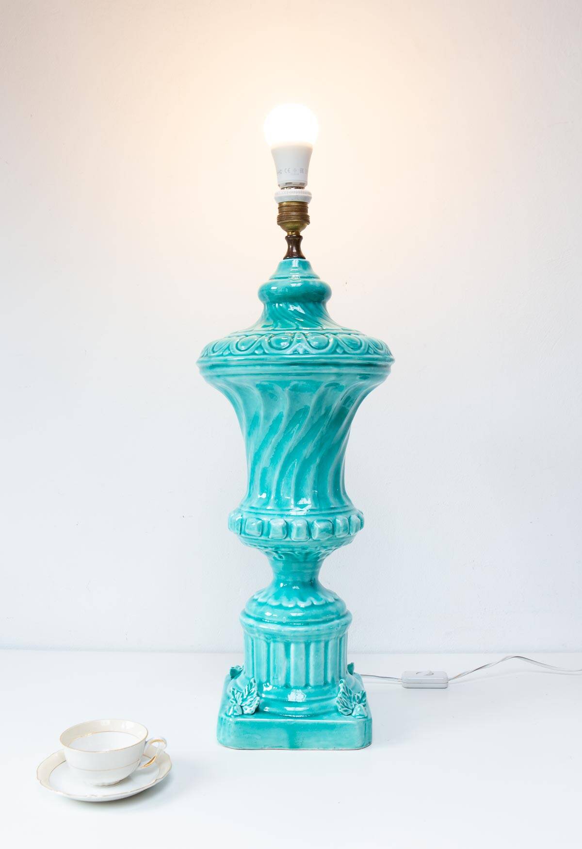 Large turquoise blue table lamp Manises from the 1960s (61 cm)
