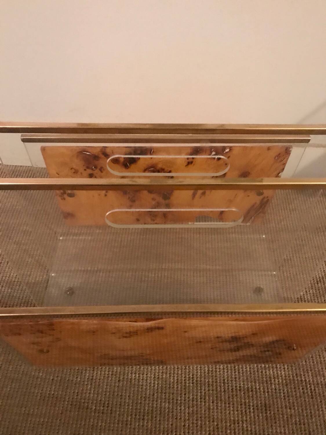 Lucite and brass magazine rack, 1970-80.