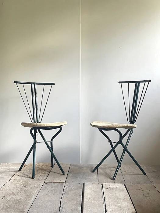 LaPalma folding chairs set of 2, dark green metal & woven cord, Italy, 1970s