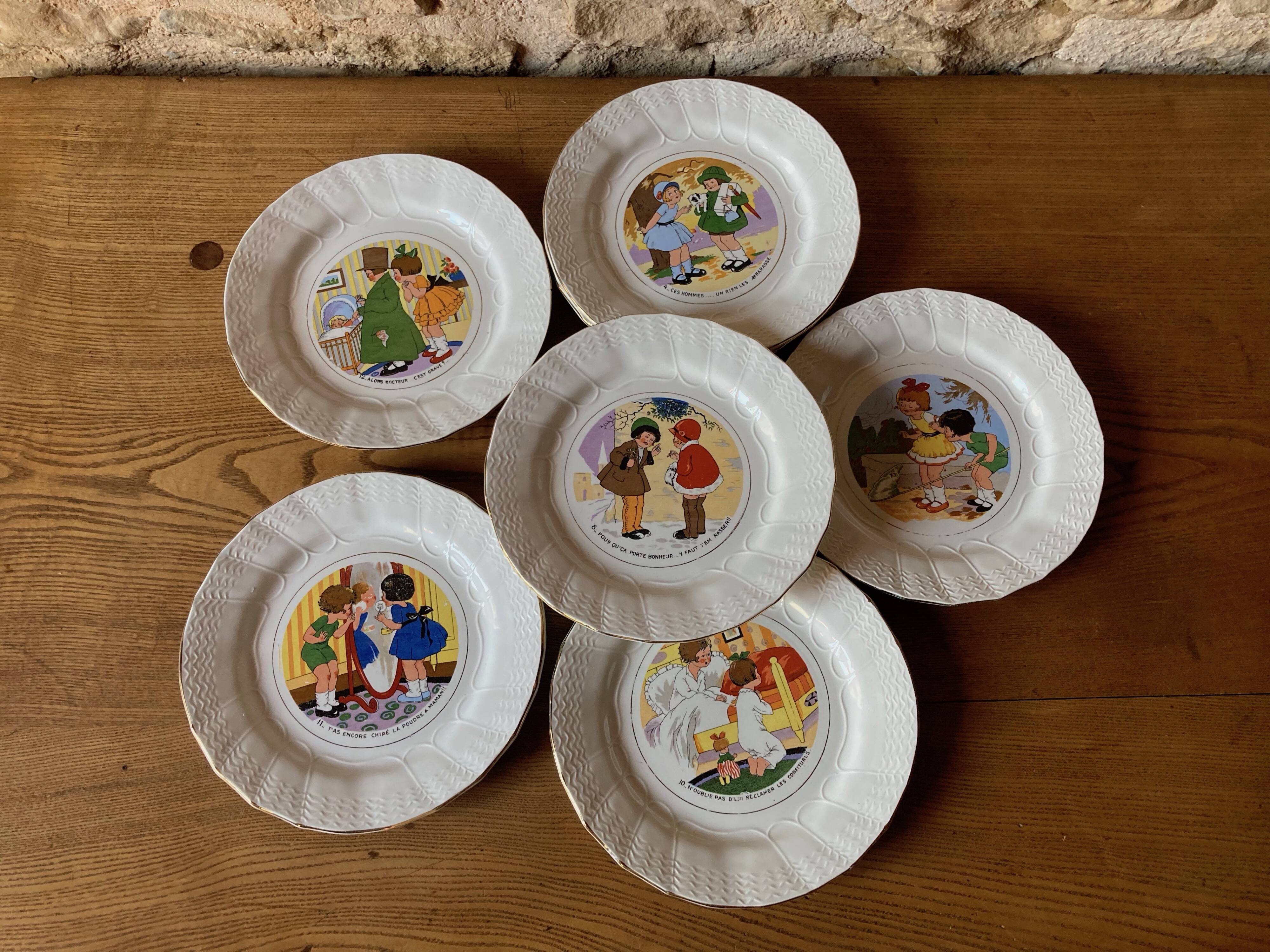 6 talking plates Digoin Sarreguemines "Enfants Bicot"