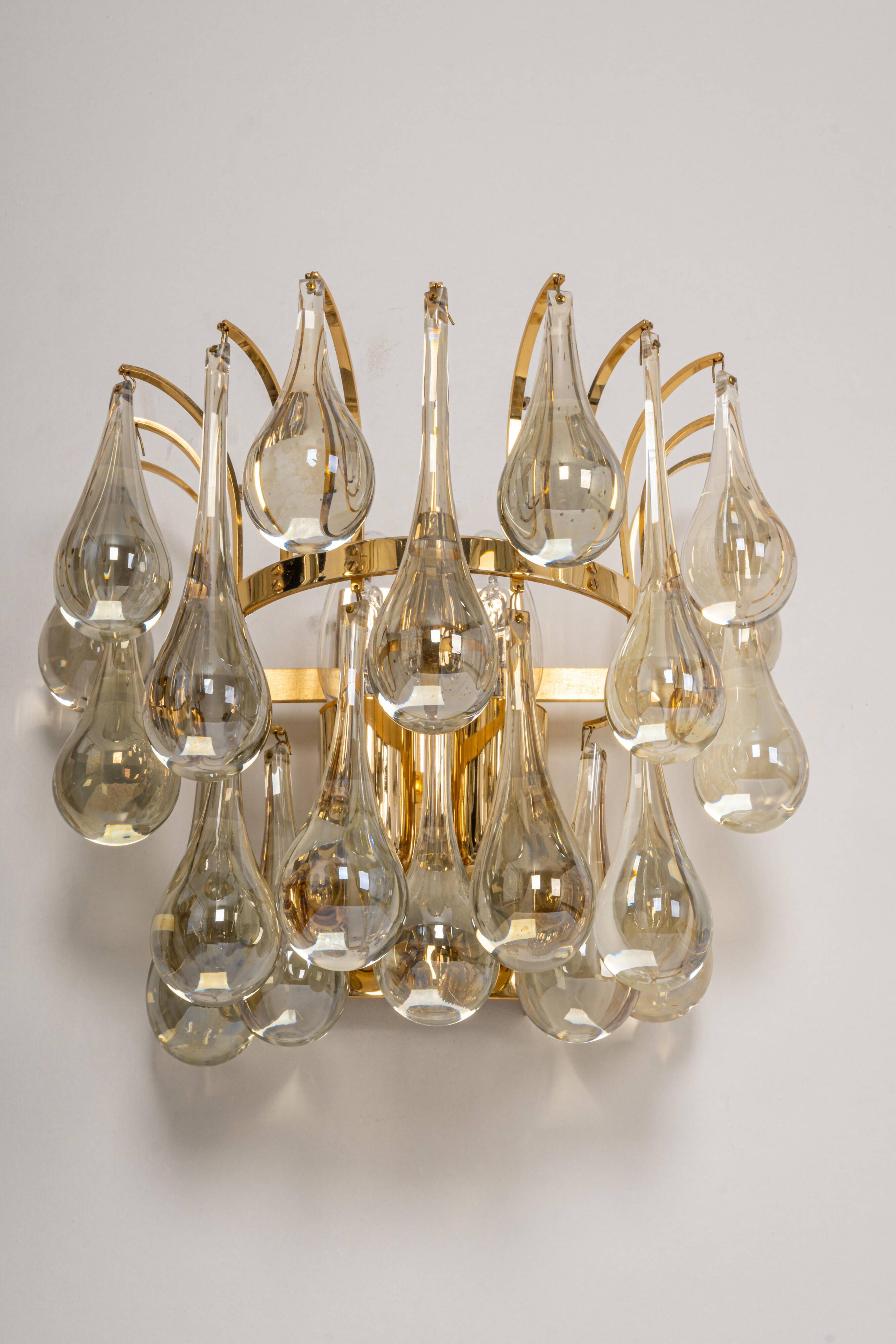 Large Pair of Gilded Brass and Crystal Wall Lights by Palwa, Germany, 1970s