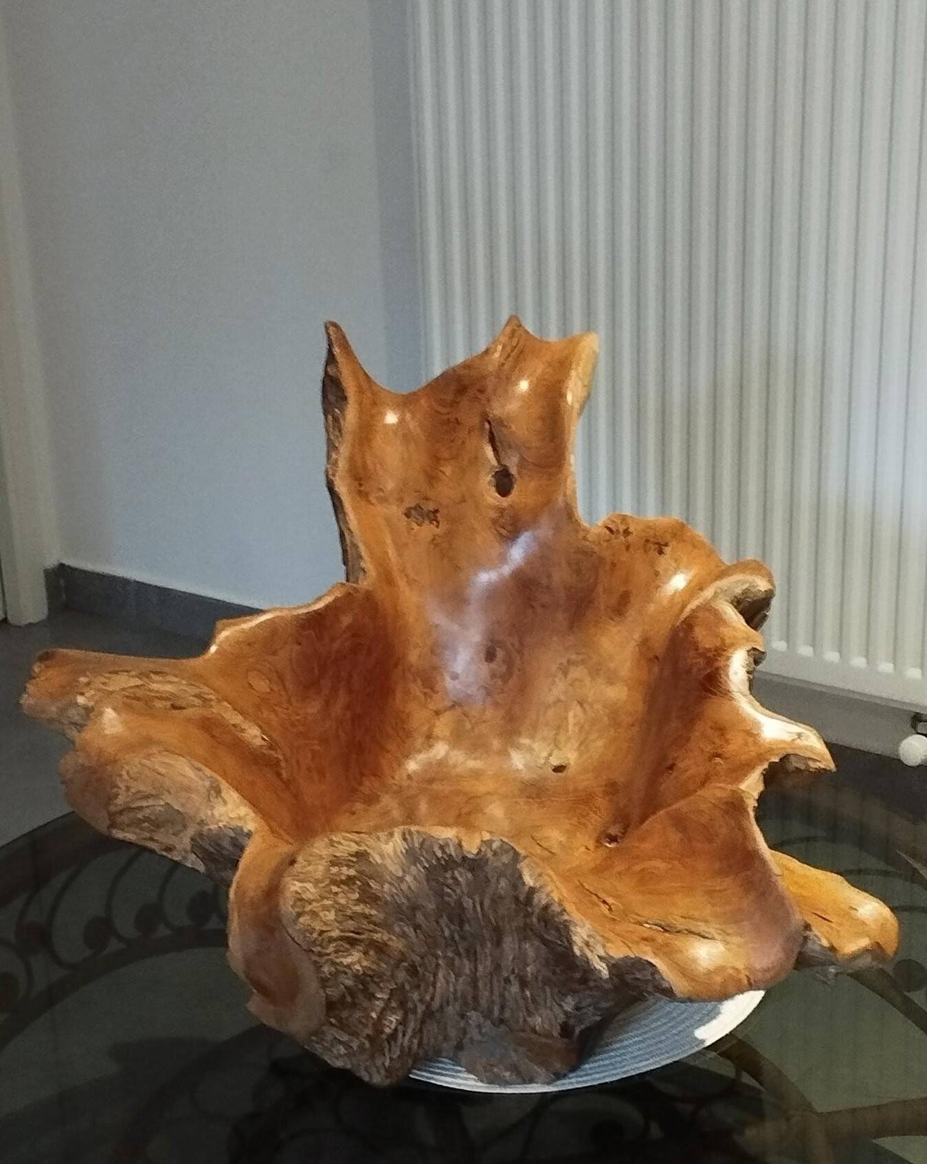Sculptural wooden centrepiece, organic bowl, brutalist.