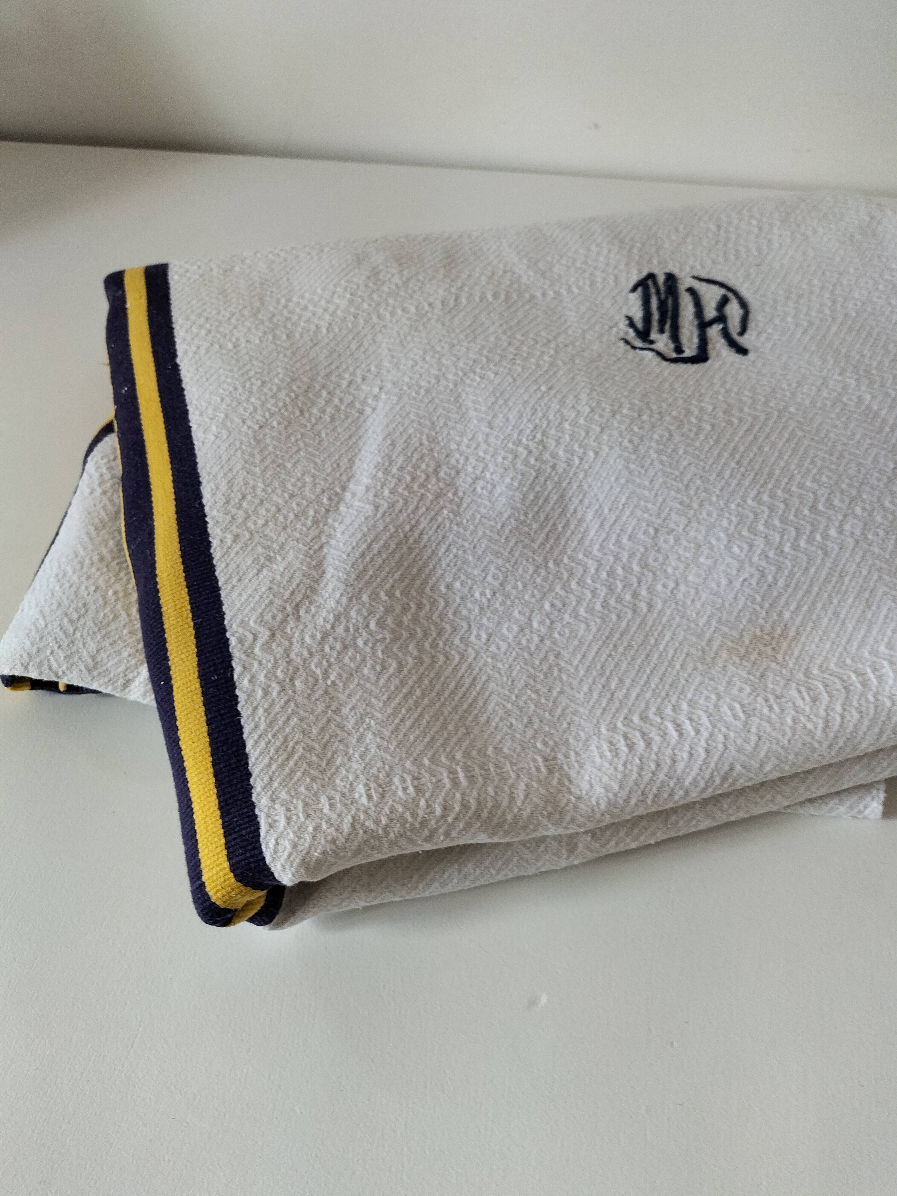 Nappe et 5 serviettes basques vintage en coton à chevrons bleu et jaune