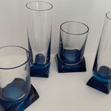 4 blue crystal glasses with rectangular base