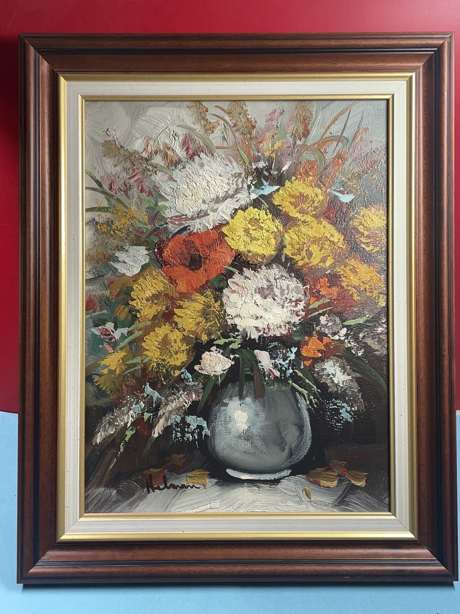 painting Oil on canvas Still life vase with bouquet of flowers, signed