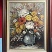 painting Oil on canvas Still life vase with bouquet of flowers, signed