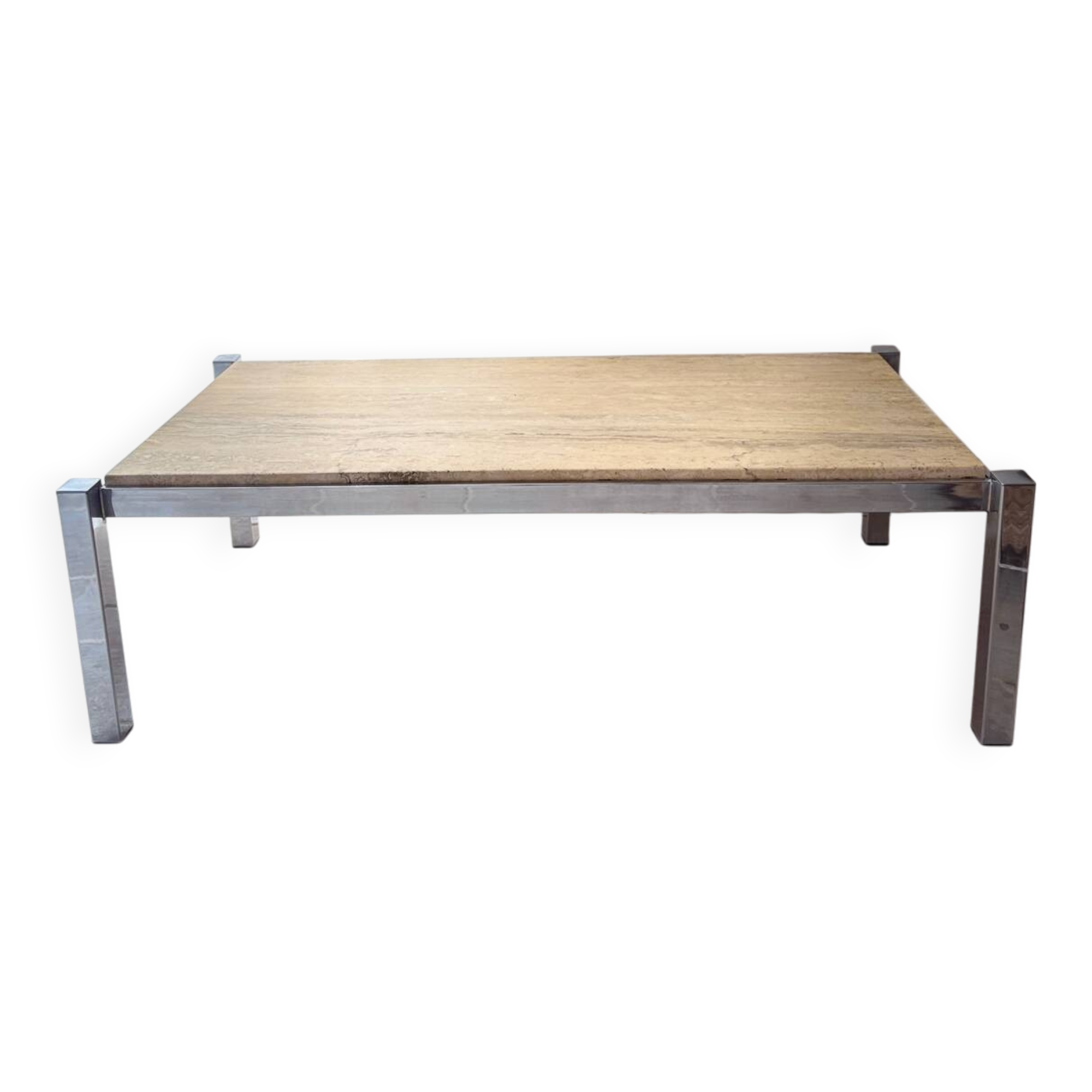 Chrome metal and travertine coffee table, 1970.