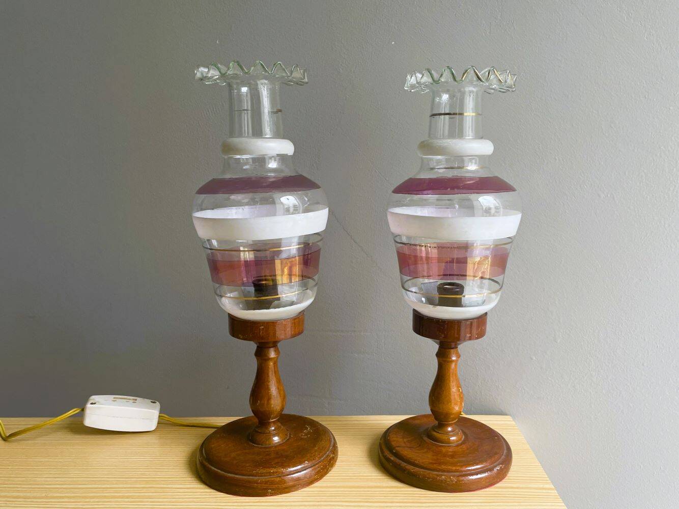 Portuguese Farmhouse rustic wooden table lamps with torch glass shades, 1970s, Set of 2