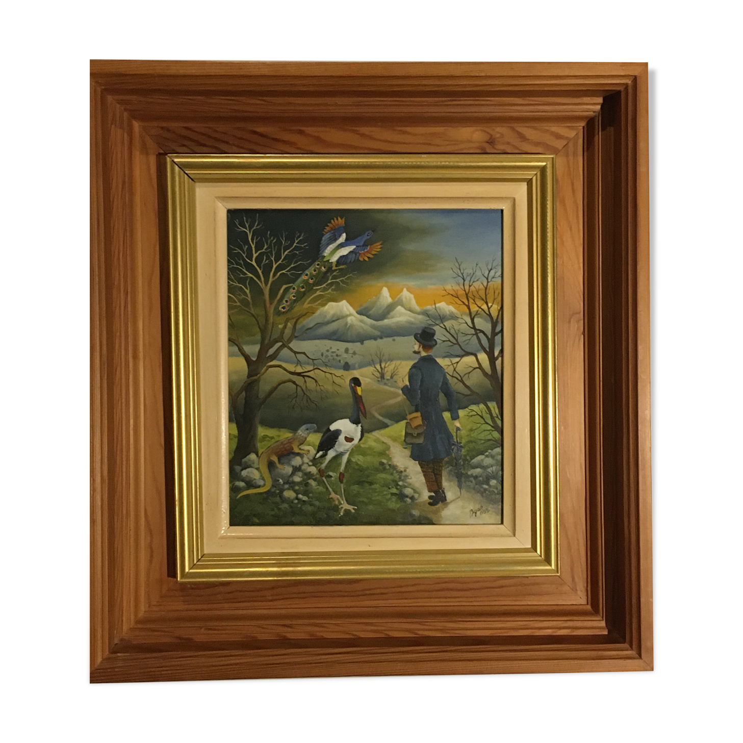 Painting of a character on his way to the mountains accompanied by exotic animals