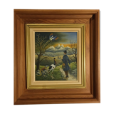 Tableau d'un personnage en chemin vers les montagnes accompagné d'animaux exotiques