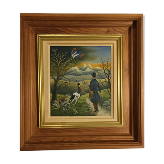 Tableau d'un personnage en chemin vers les montagnes accompagné d'animaux exotiques