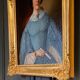 Huile sur toile Portrait de femme en robe bleue et éventail Milieu XIXe