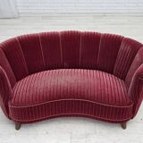 1960s, Danish 2-seater "Banana" sofa, red furniture velour, oak wood.