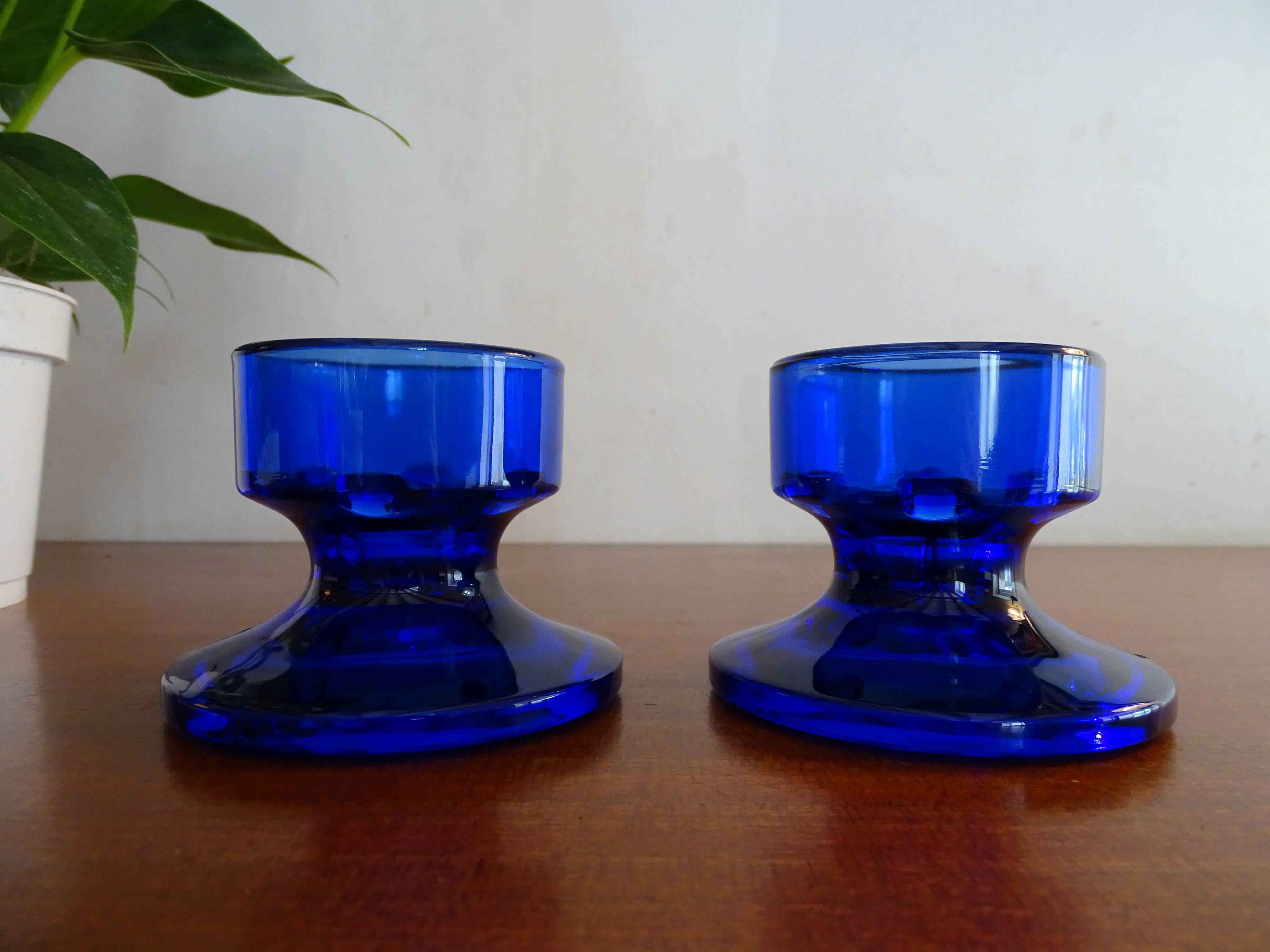 Pair of cobalt blue molded glass candle holders