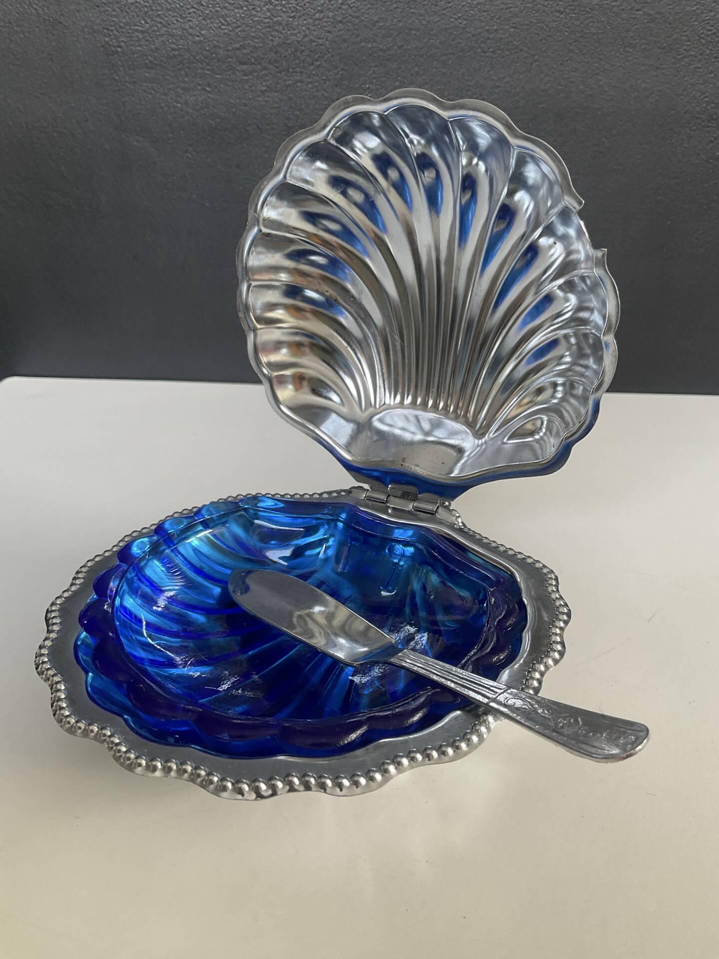 Vintage shell butter dish in stainless steel and blue glass