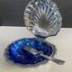 Vintage shell butter dish in stainless steel and blue glass