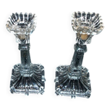 Set of 2 Egyptian-decorated candlesticks, Vallerysthal glassware, 1900