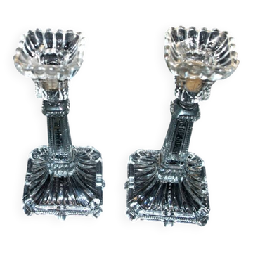 Lot de 2 bougeoirs flambeaux décor égyptien verrerie Vallerysthal 1900