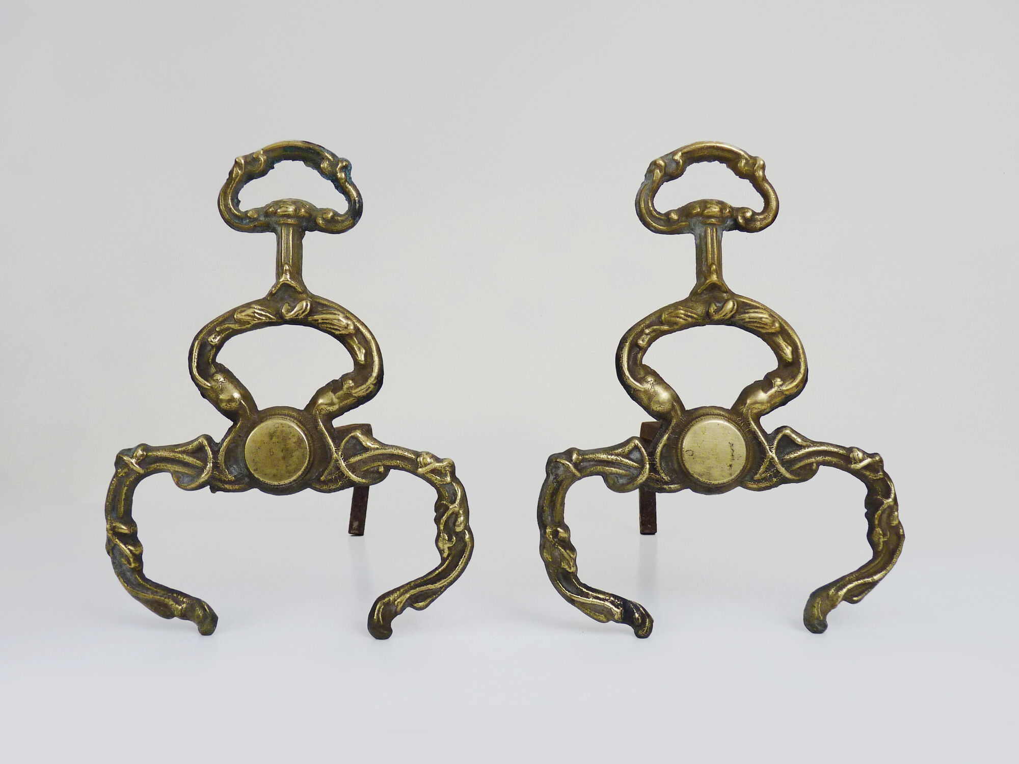 Old pair of chenets, fire dog in bronze and French neoclassical cast iron