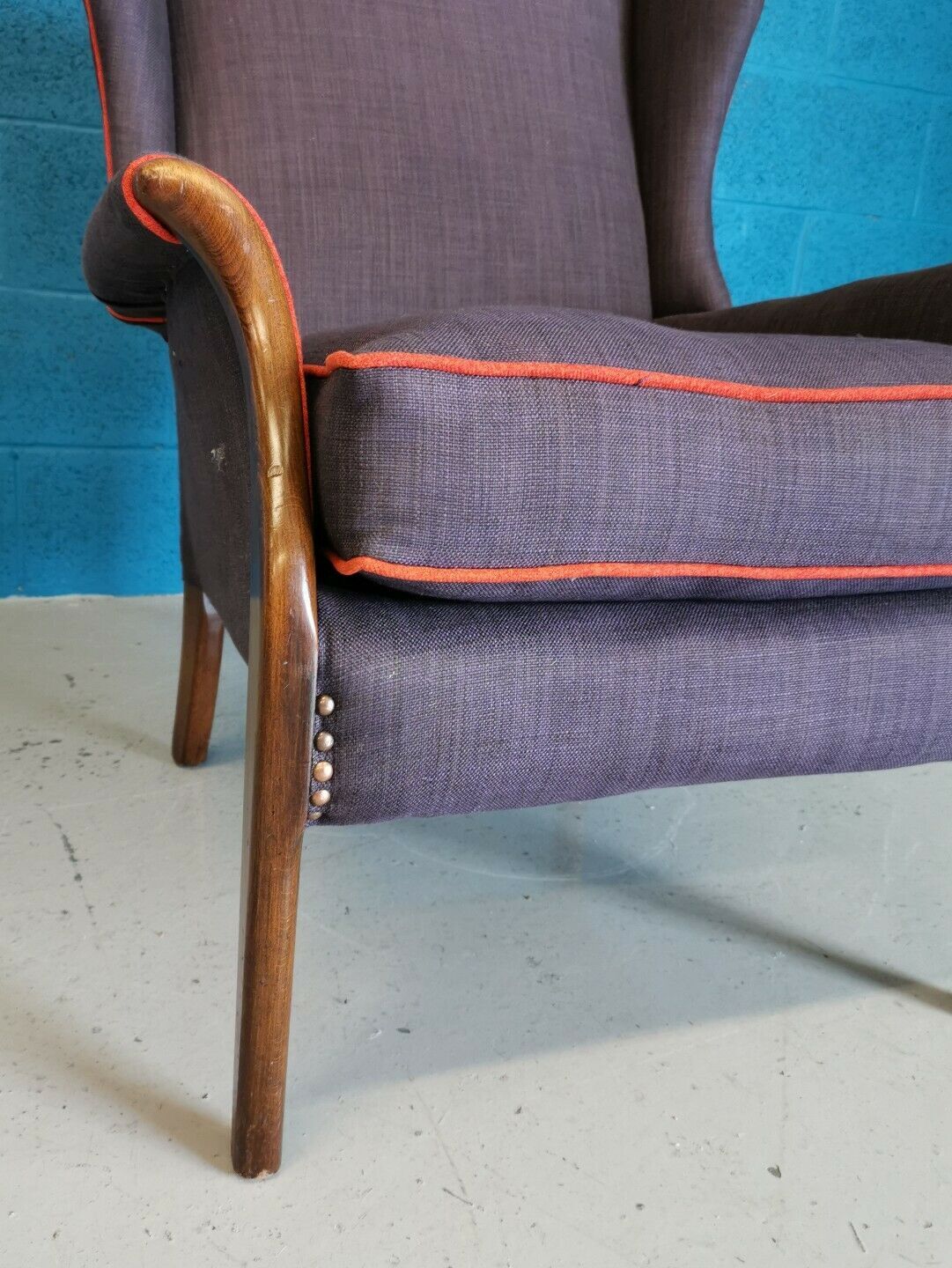 Vintage armchair teak 1960 years covered with violet