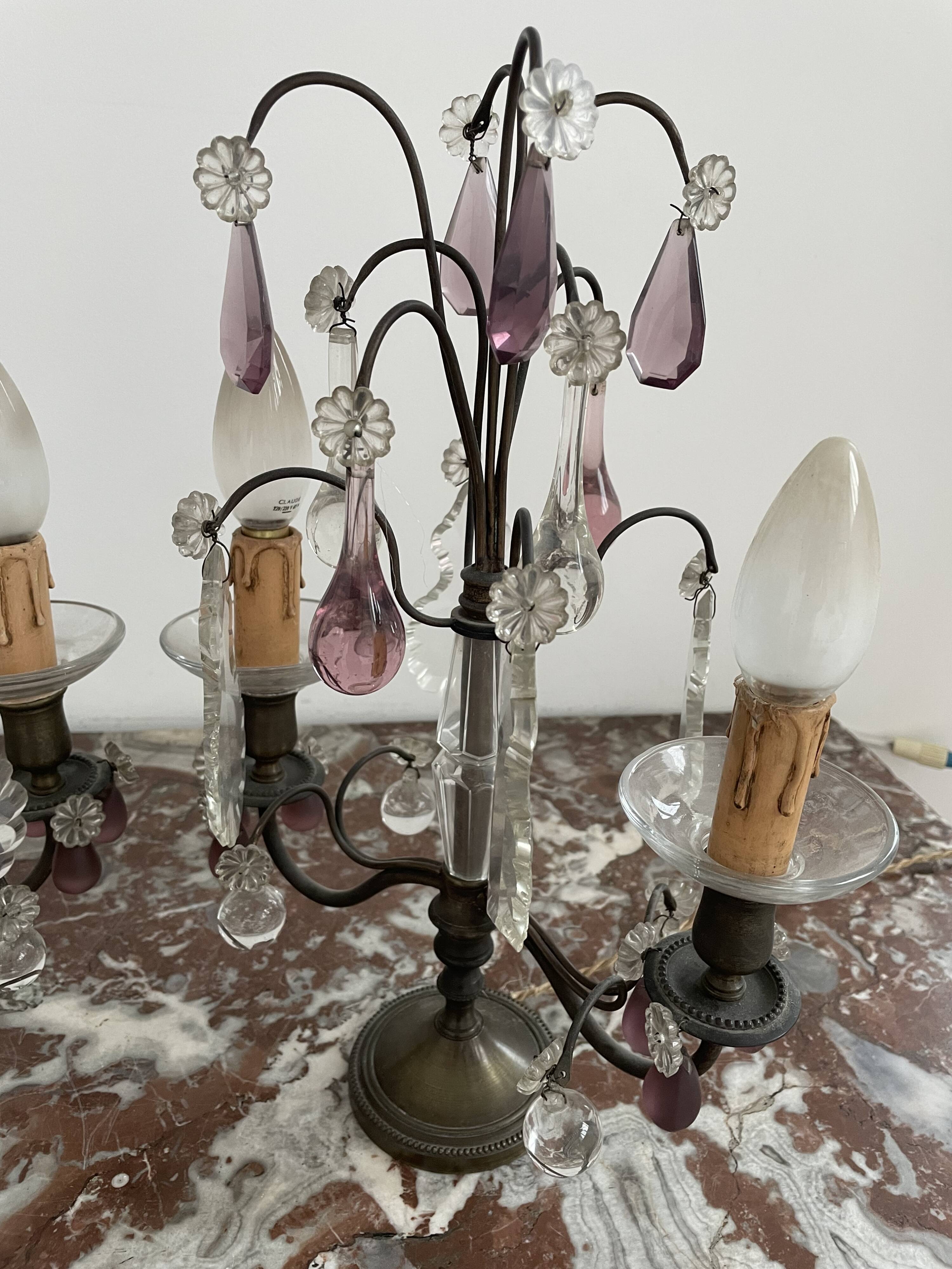 pair of chandeliers, lamp, silver-plated metal, crystal, tassels, florets, pendant, rosettes