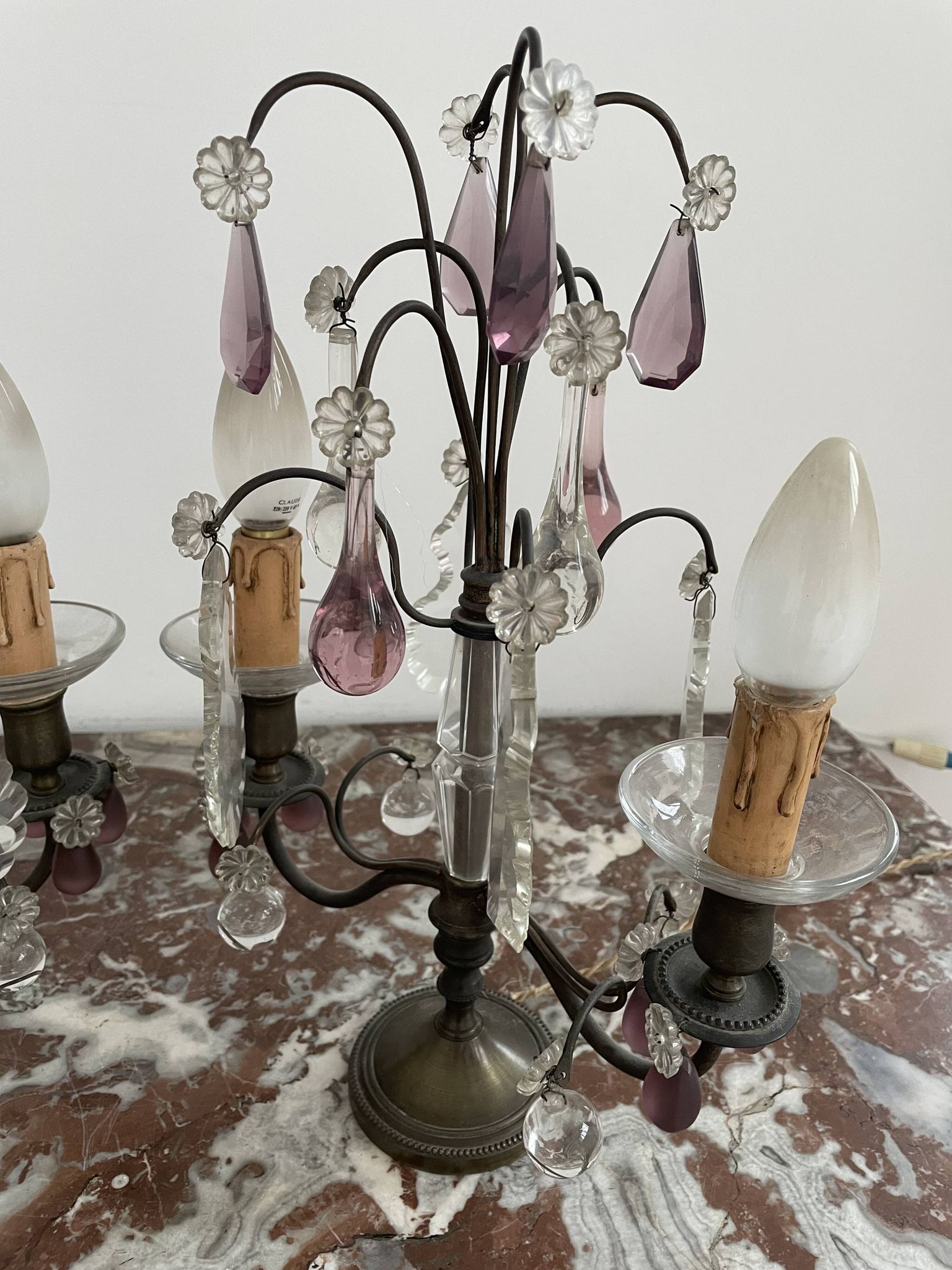 pair of chandeliers, lamp, silver-plated metal, crystal, tassels, florets, pendant, rosettes