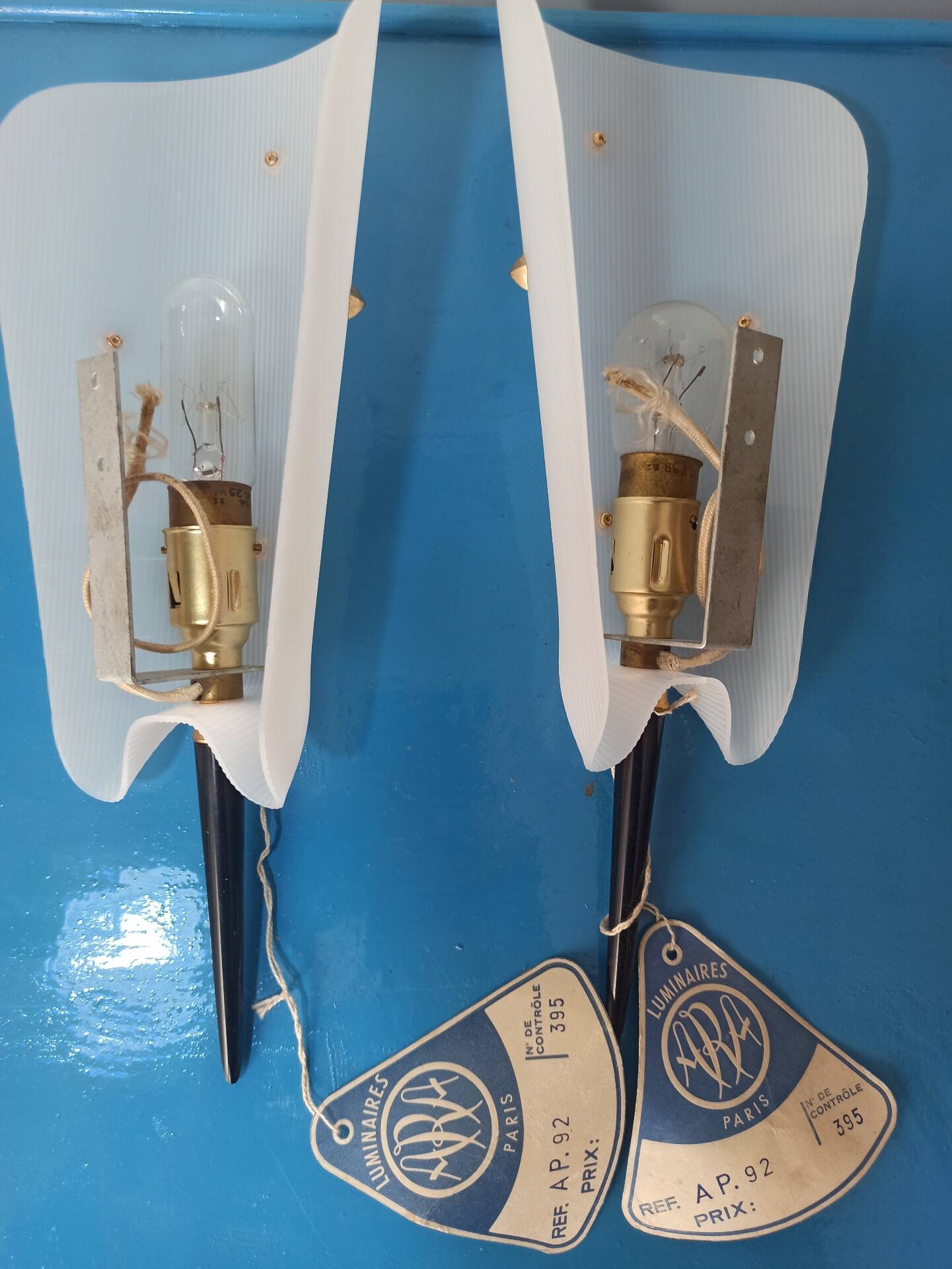 Pair of Vintage Mid-Century "ARA Paris" Wall Lights in Striped Rhodoid & L