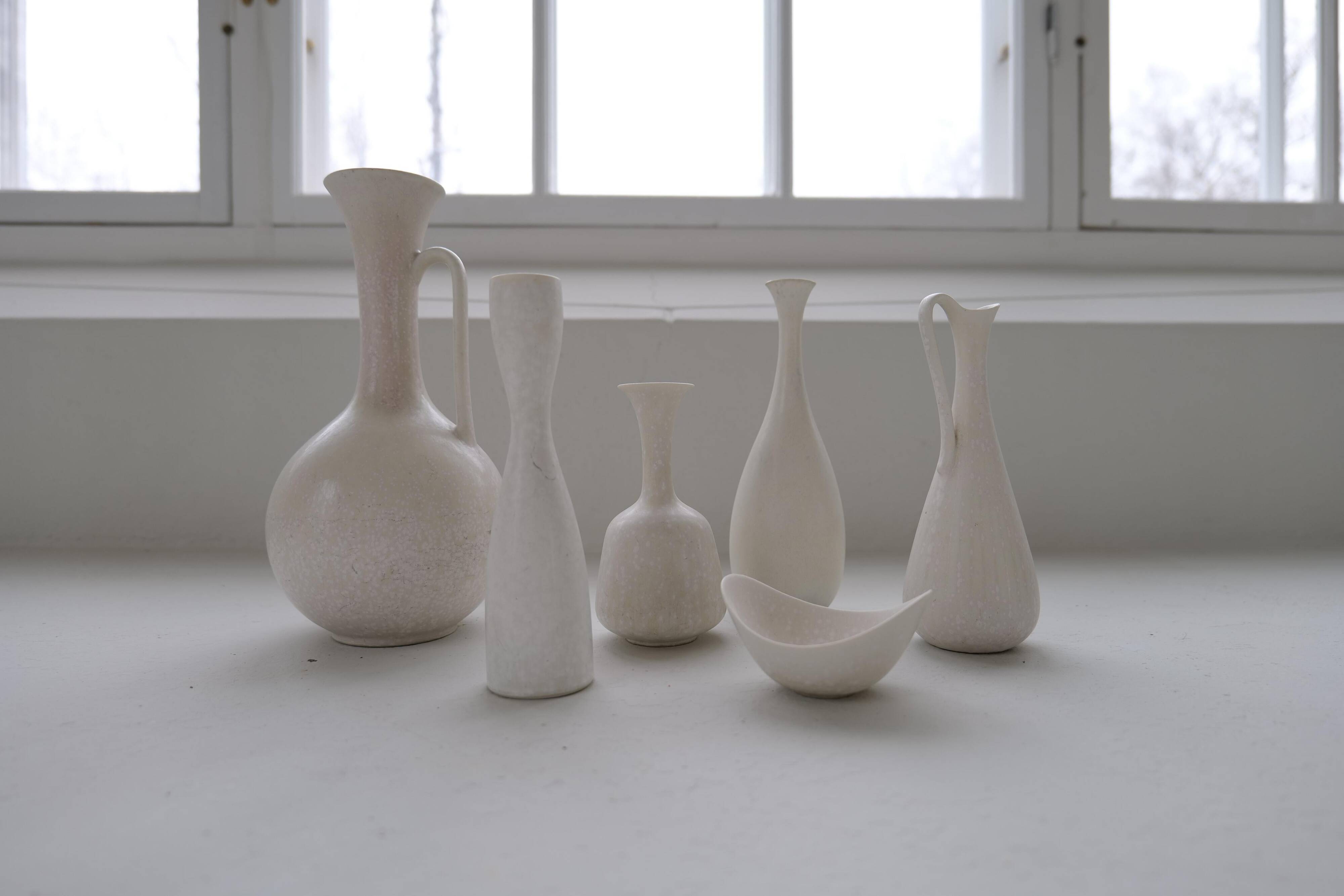 Group of 6 white and grey Midcentury Modern vessels Rörstrand Sweden 1950