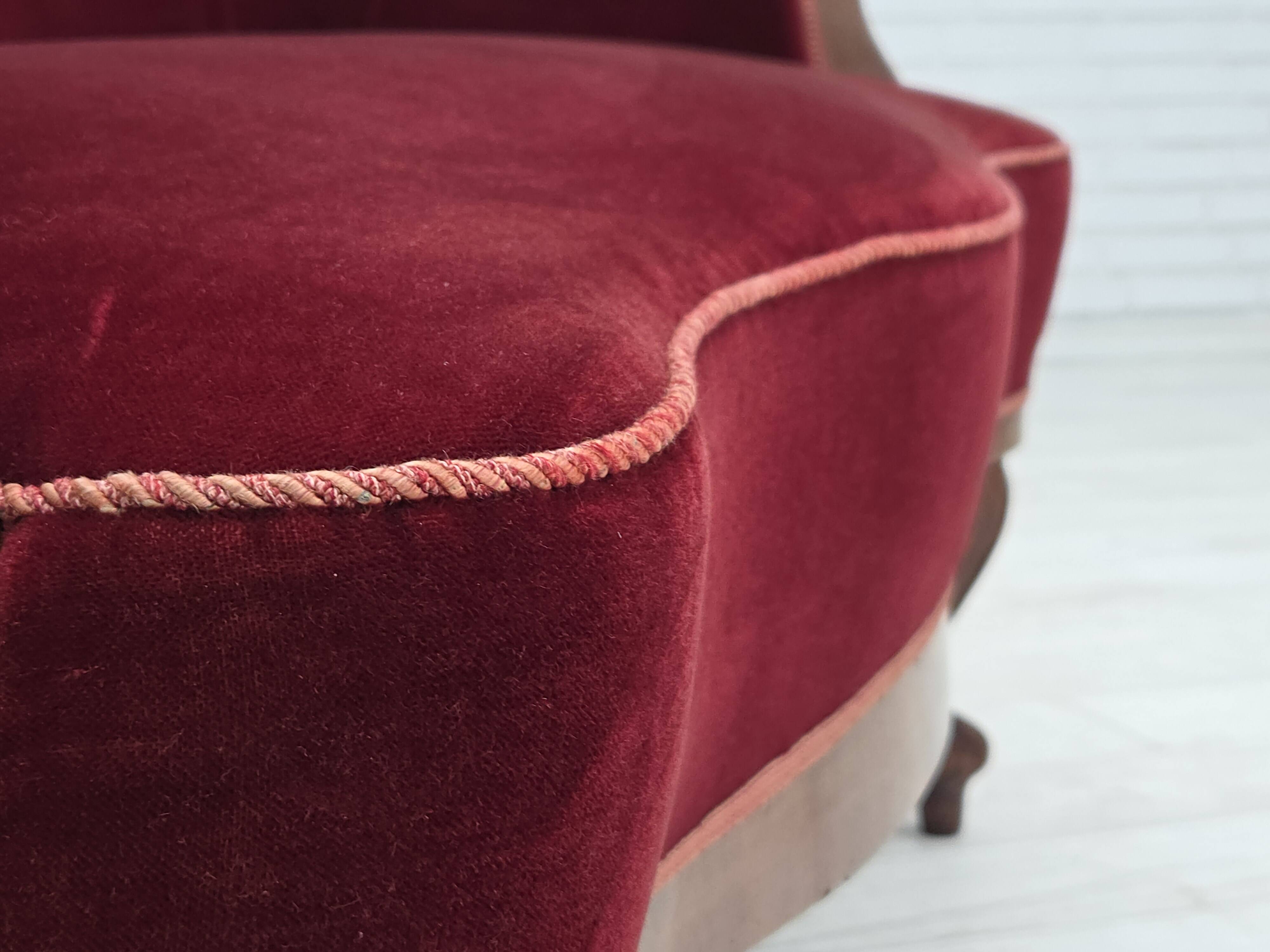 1930s, Danish 2-seater sofa, furniture velour, ash wood, reupholstered.