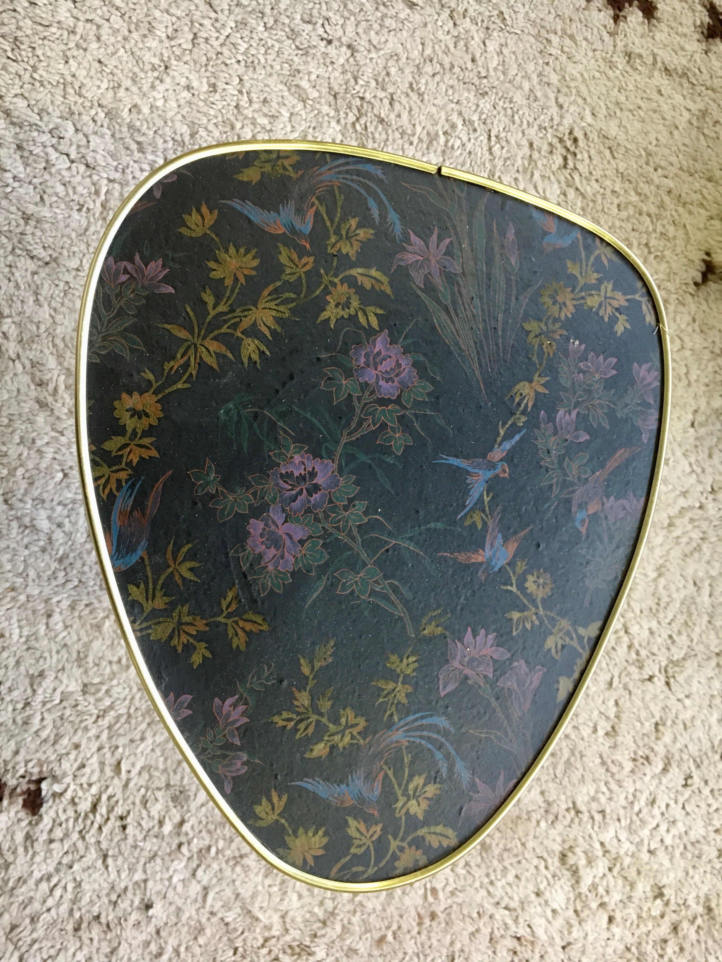 Small triangular table coffee table birds vintage flowers tripod door plant midcentury 1950