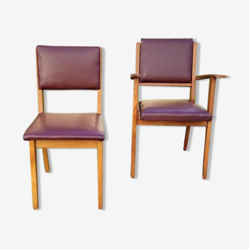 Pair chair/armchair wood and burgundy skaï, 50s