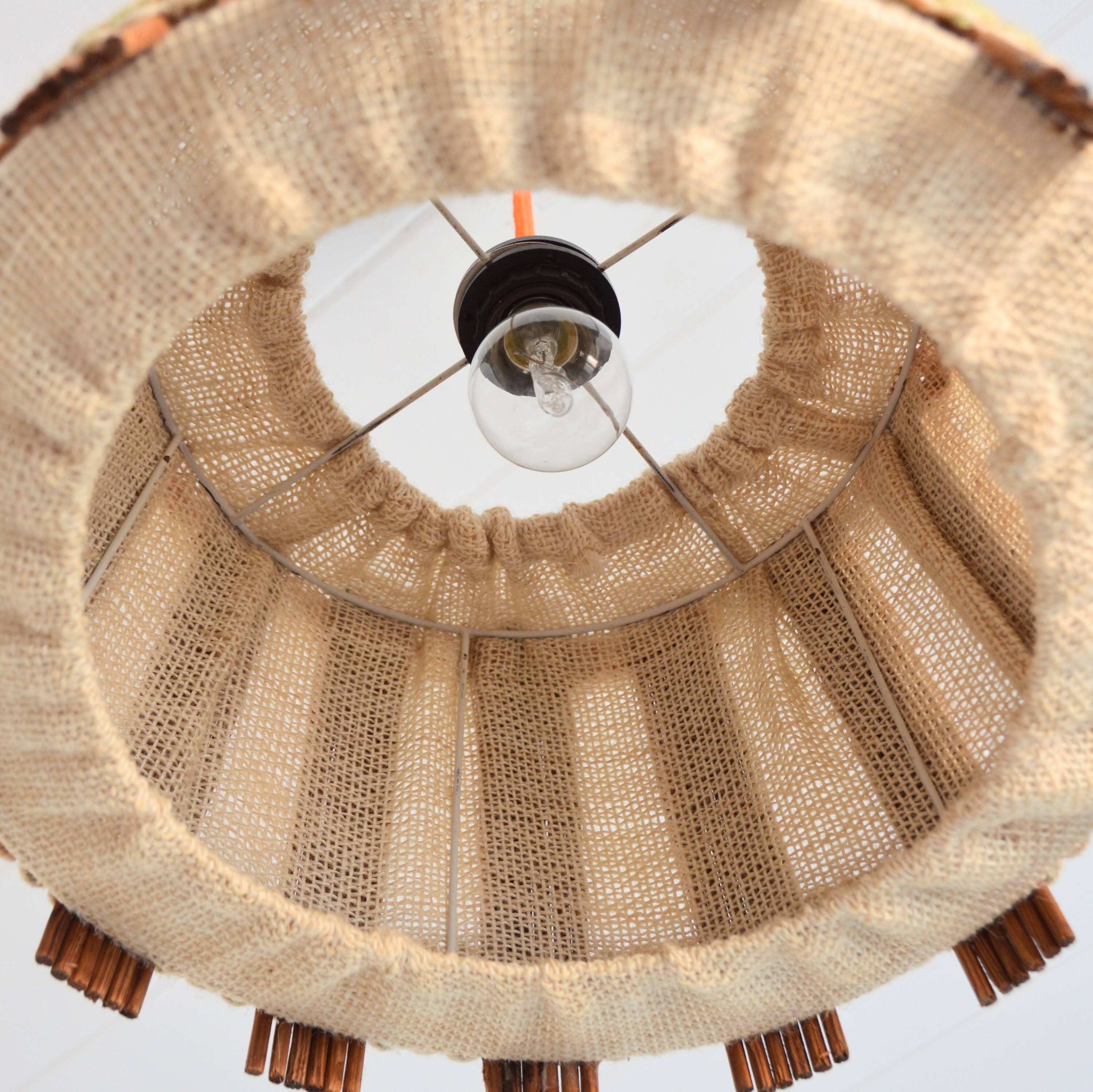Vintage 1970s burlap and wood pendant light