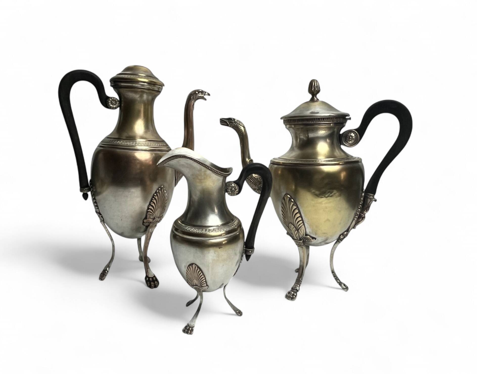 Set of three silver-plated tripod jugs, Empire, late 19th century