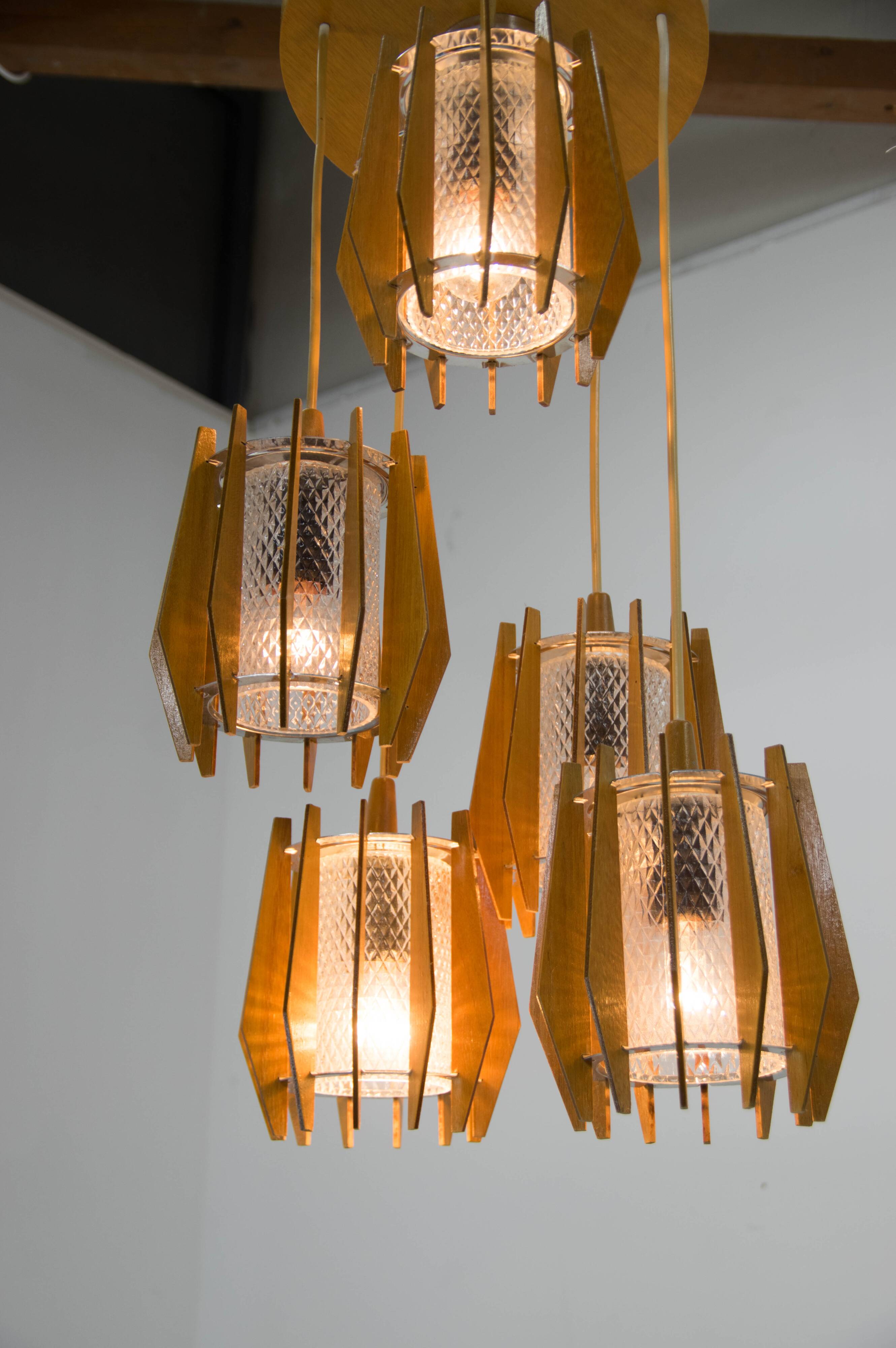 1970s Czechoslovakian Chandelier & Wall Lamp by Dřevo Humpolec