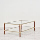 1970s gold chrome and leather coffee table + end table