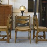 Set of 6 oak dining chairs with rush seat and 'Echelle' backrest in the style of Guillerme et Chambron 1950s