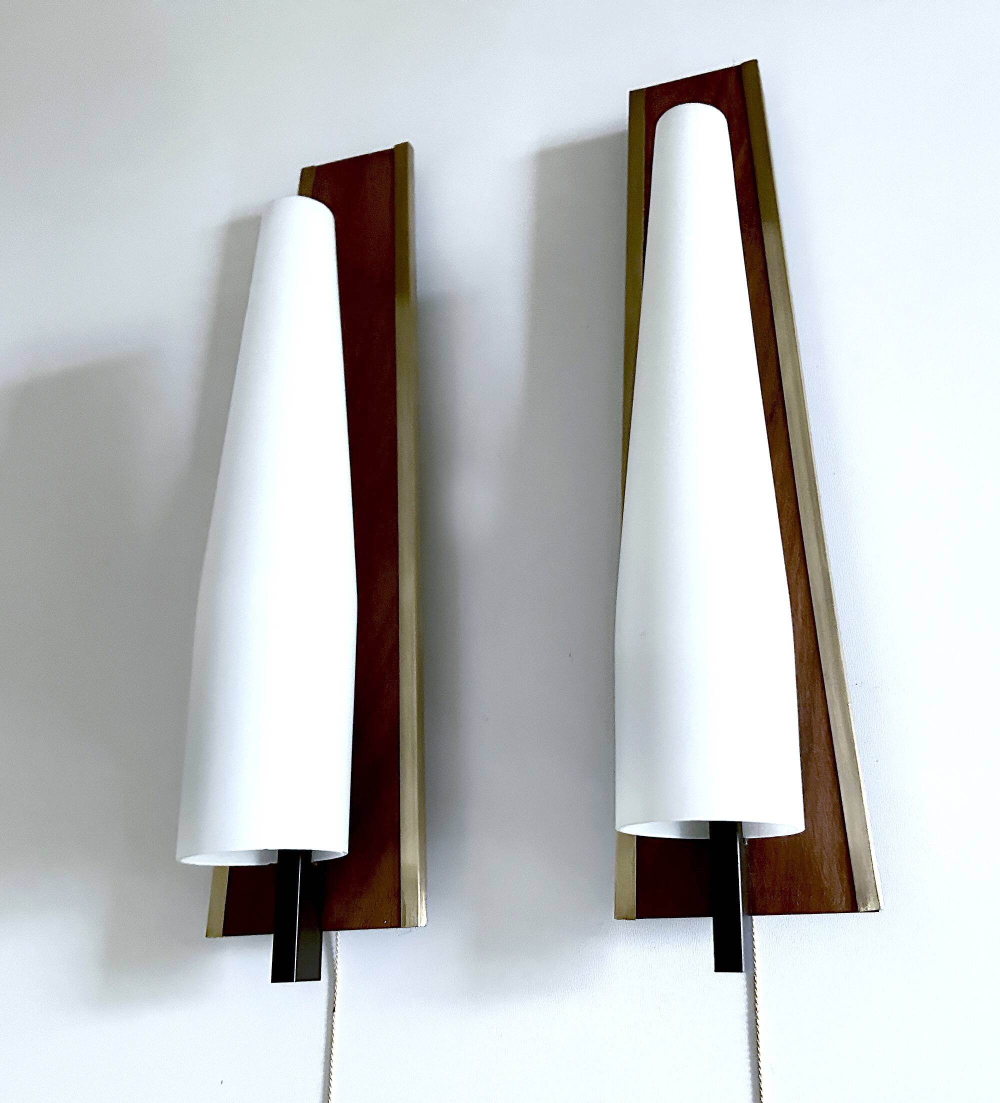 Pair of Large Scandinavian Teak Glass Wall Lights