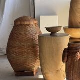 Stool, side table, cylindrical solid mango wood end table.