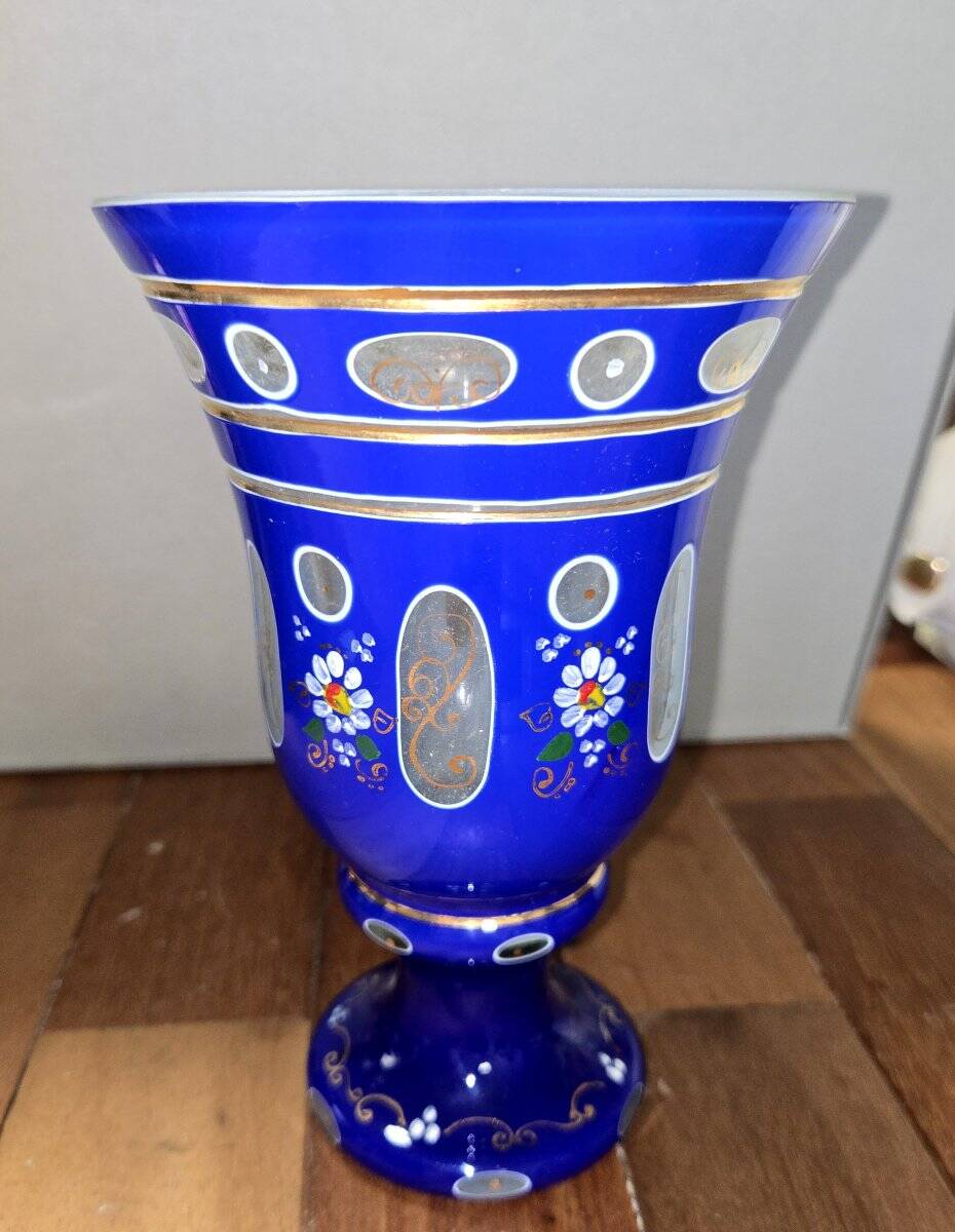 Large blue enamelled glass chalice (Bohemian glass 20th century)