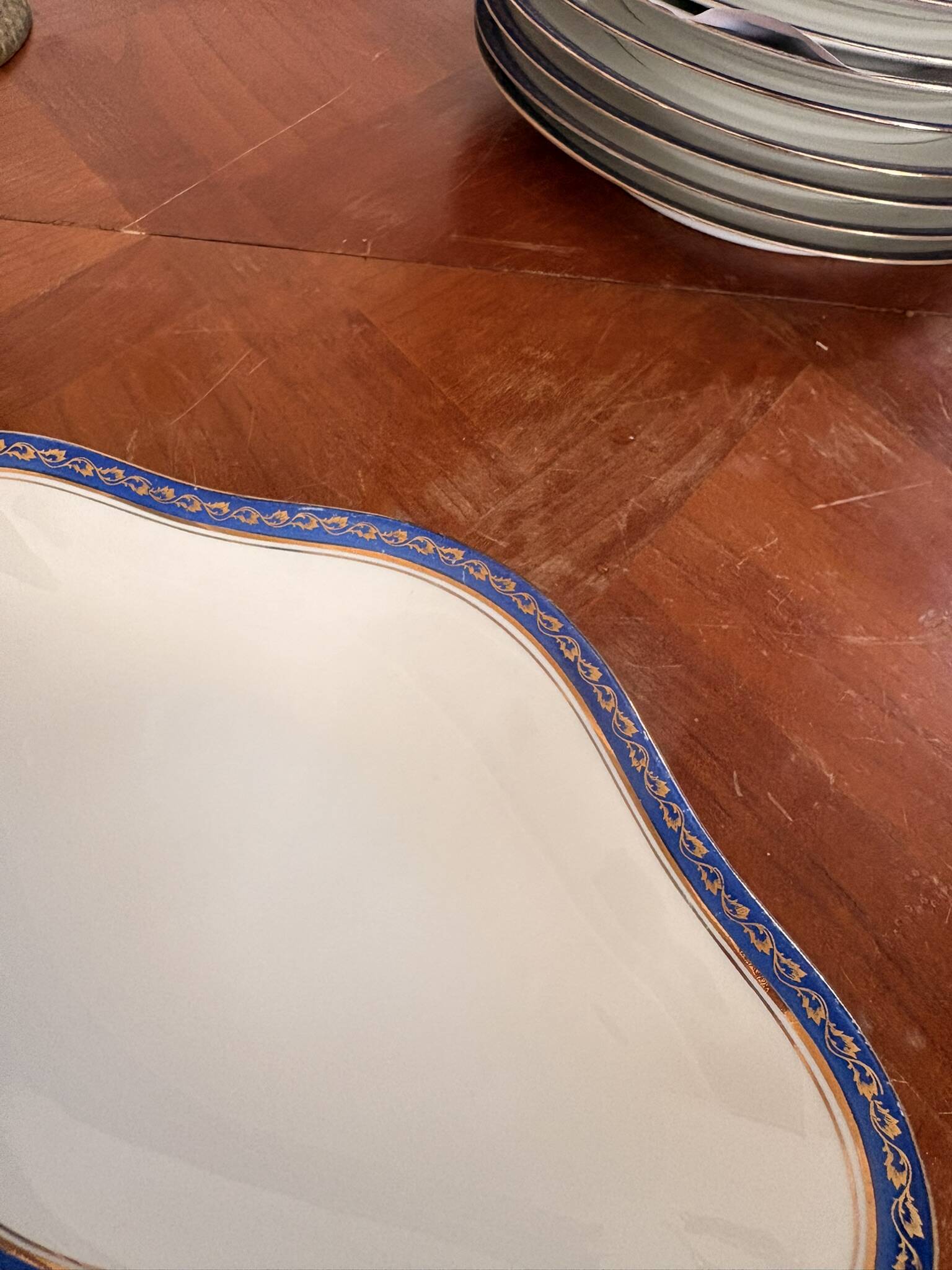 Plate, Ramekin, Salad Bowl 23cm, Limoges Porcelain, Blue and Gold, Betoule