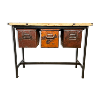 Industrial Worktable with Three Iron Drawers, 1960s