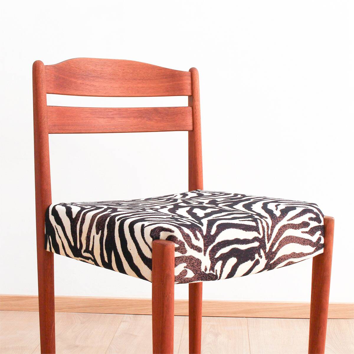 Danish teak dining chairs with zebra print from Boltinge Stølefabrik
