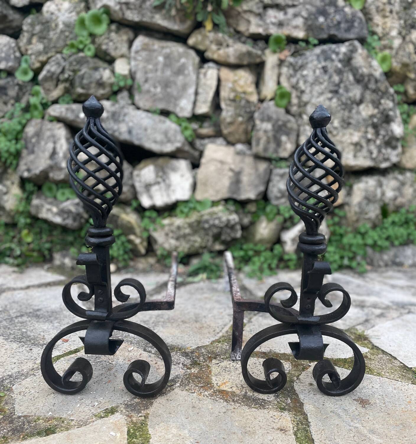 Pair of wrought iron fire dogs