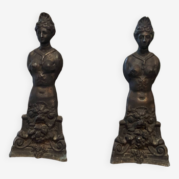 Metal fireplace andirons decorative sculpture mermaids art deco