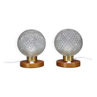 Pair of mid-century glass and wood table lamps, Czechoslovakia, 1970s