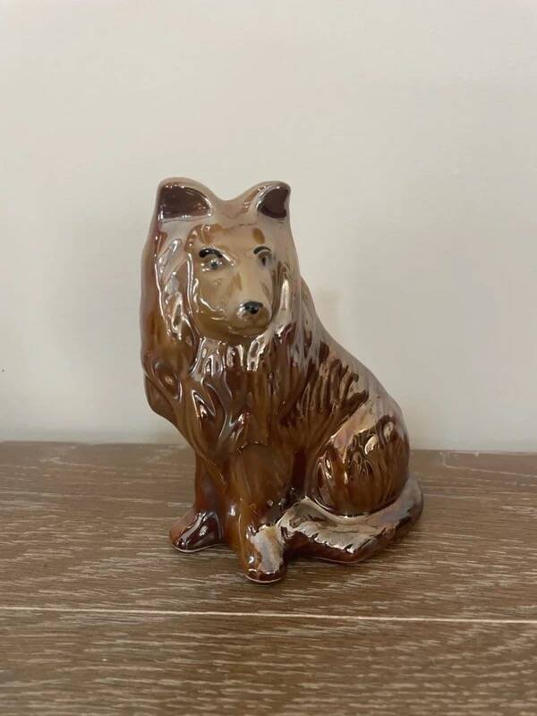 Vintage brown handmade ceramic Collie dog figurine decoration.