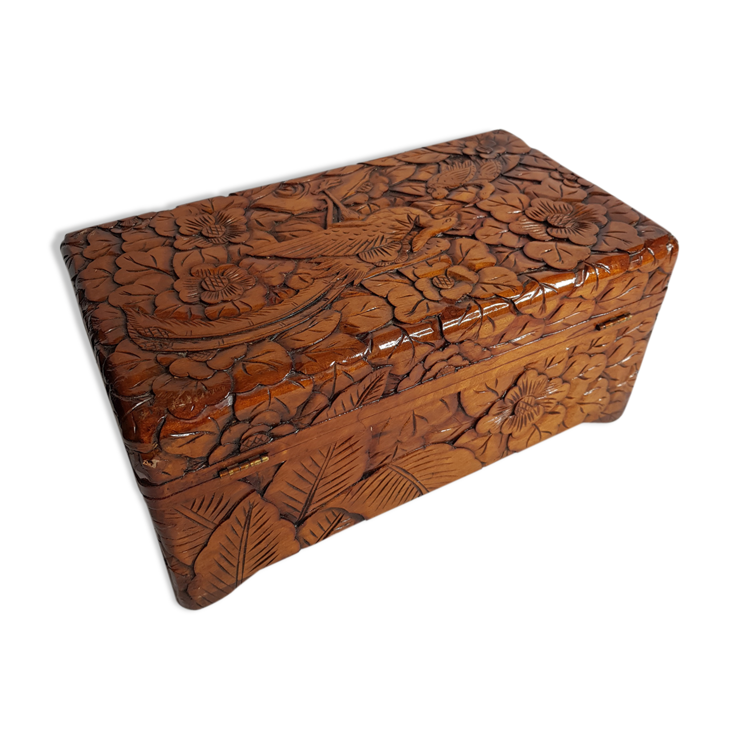Old wooden box carved in Dodin around 1950 decorated with Phoenix