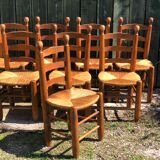 Set of 8 vintage chairs brutalized in solid oak, mulched seat 1960