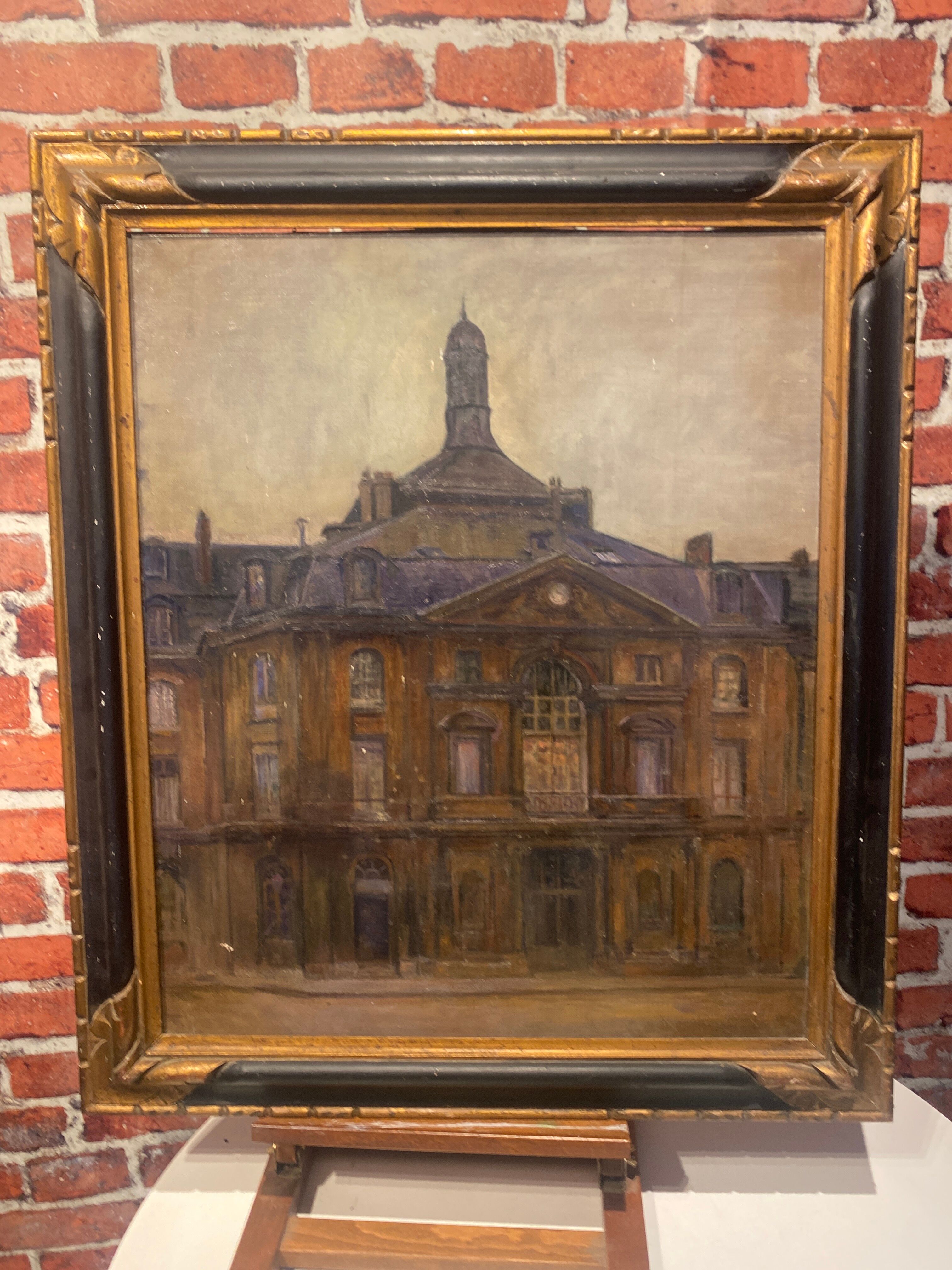 Oil on canvas framed bell tower of a cathedral