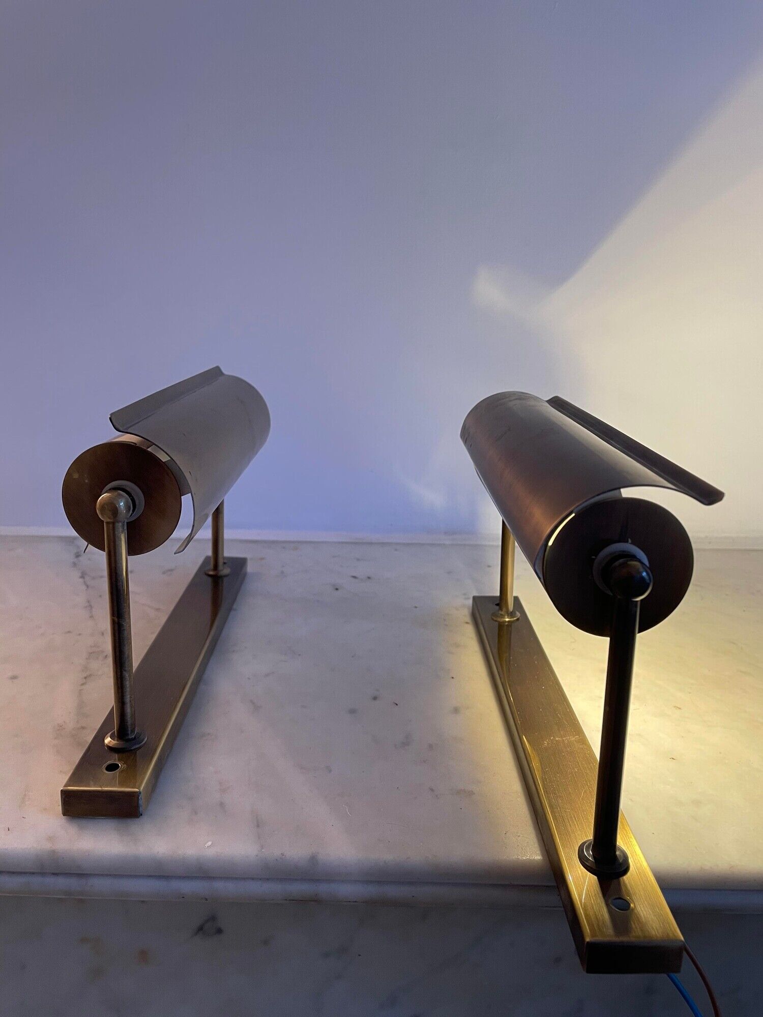 Pair of adjustable vintage wall lamps, matte brass, France 1970